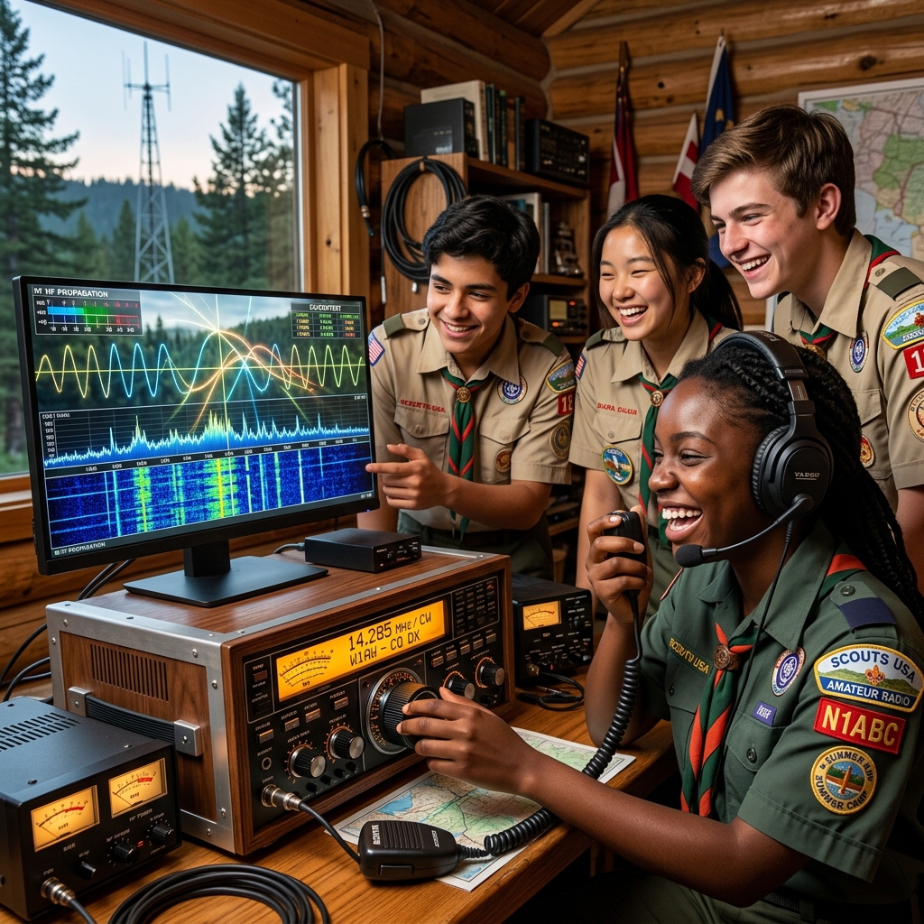 Jovens escoteiros aprendendo sobre rádio amador